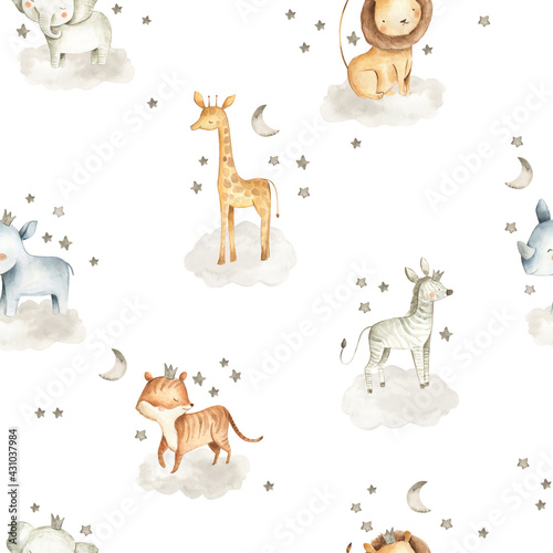 Fototapet Safari Animals watercolor illustrations for baby in the sky with clouds and star