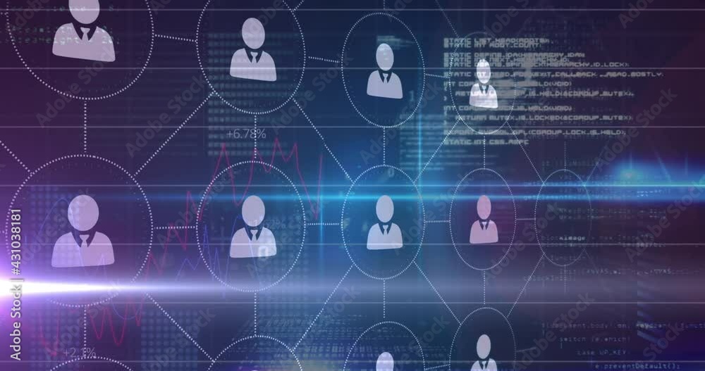 Animation of network of connections with people icons and data processing on blue background Animation of network of connections with people icons and data processing on blue background