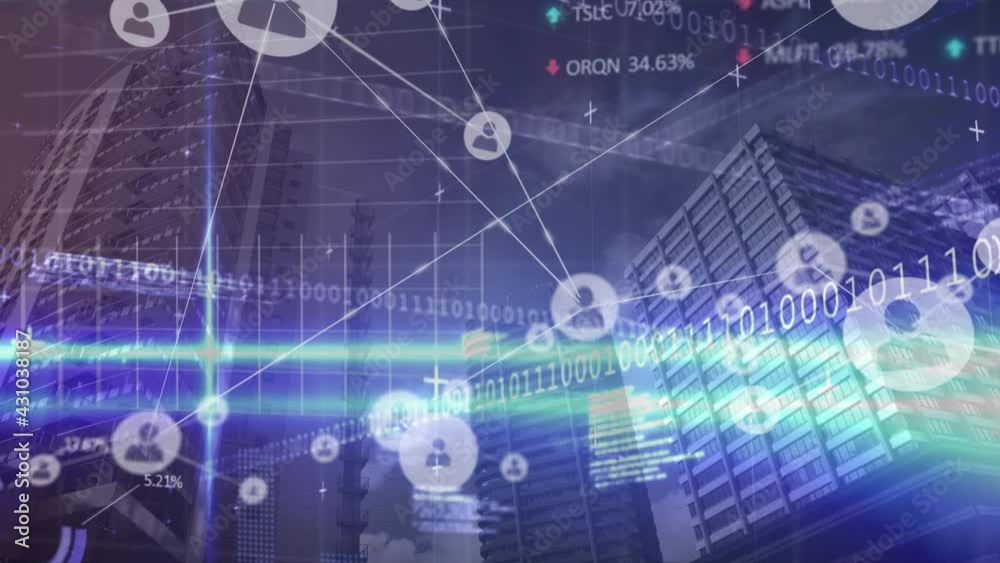 Animation of network of connections with people icons and data processing over modern buildings Animation of network of connections with people icons and data processing over modern buildings