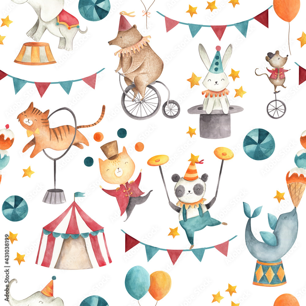 Circus watercolor baby animals illustration seamless pattern tile Stock ...