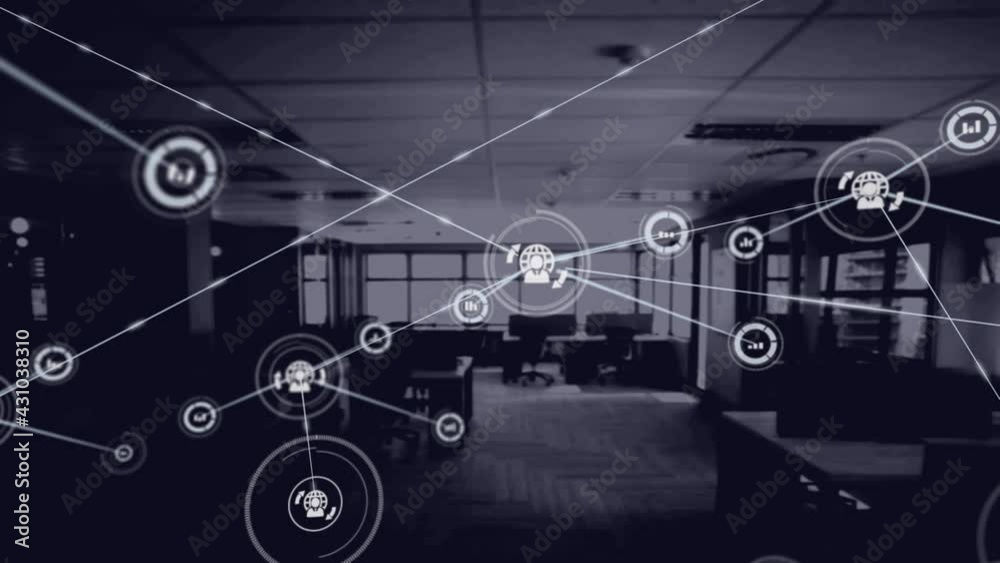 Digital composite video of network of connections against empty office in background Digital composite video of network of connections against empty office in background