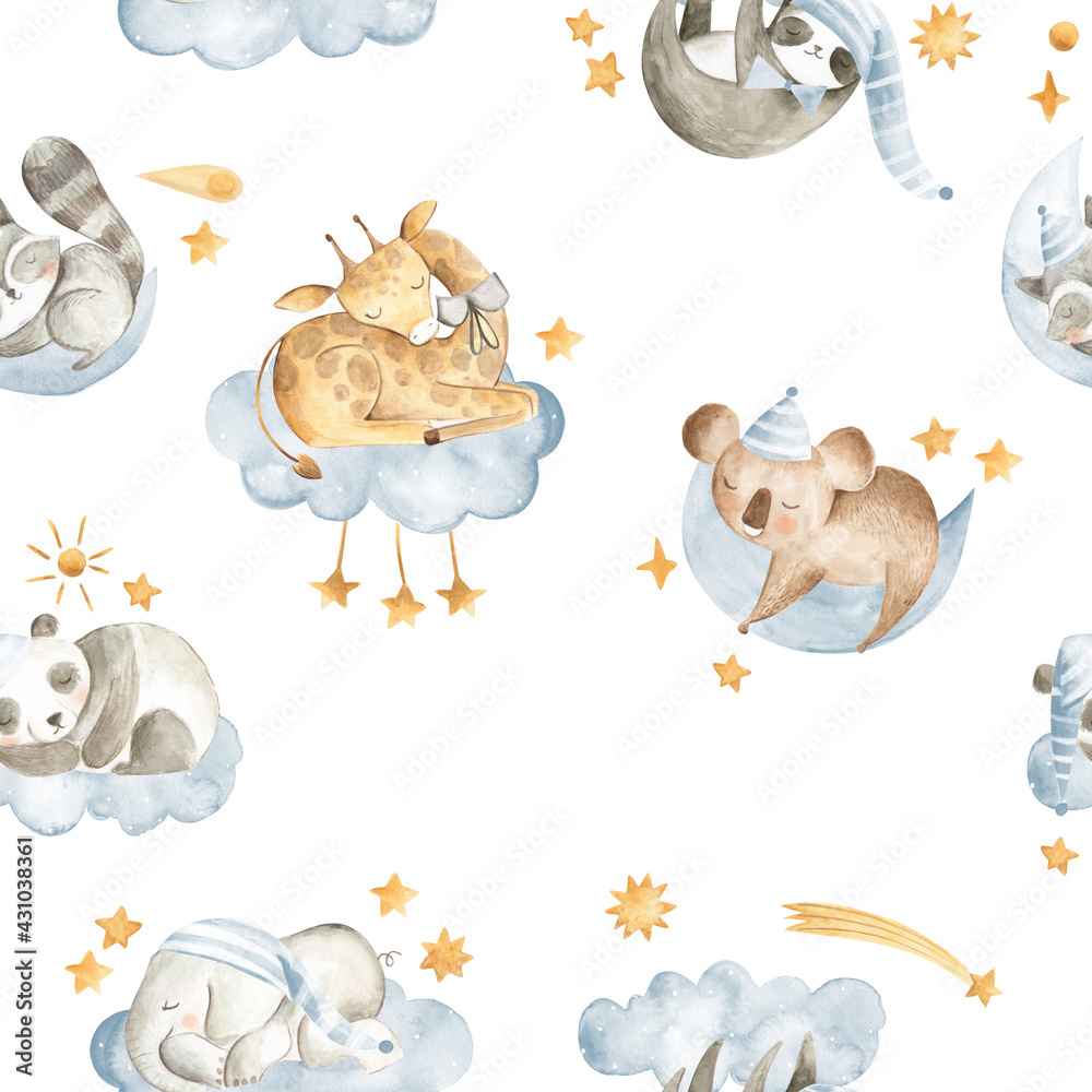 Watercolor baby animals sleeping in the sky with clouds and stars in white  and blue seamless pattern Stock Illustration | Adobe Stock