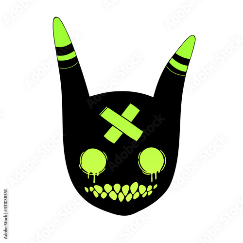 head of black cartoon animal with green eyes and fanged smile