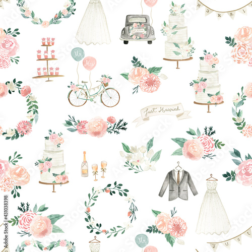 Картината върху платно Boho wedding watercolor illustration seamless pattern  tile with flowers, cake,
