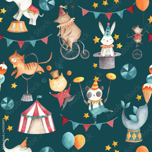 Circus watercolor baby animals illustration seamless pattern tile