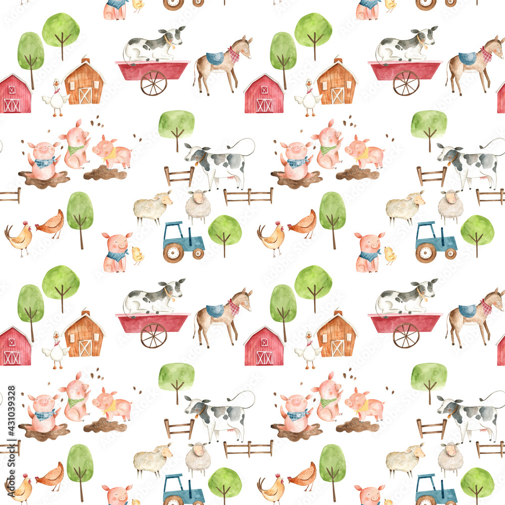 Watercolor baby  farm animals illustration pattern with cow, horse, pig, chicken, hen