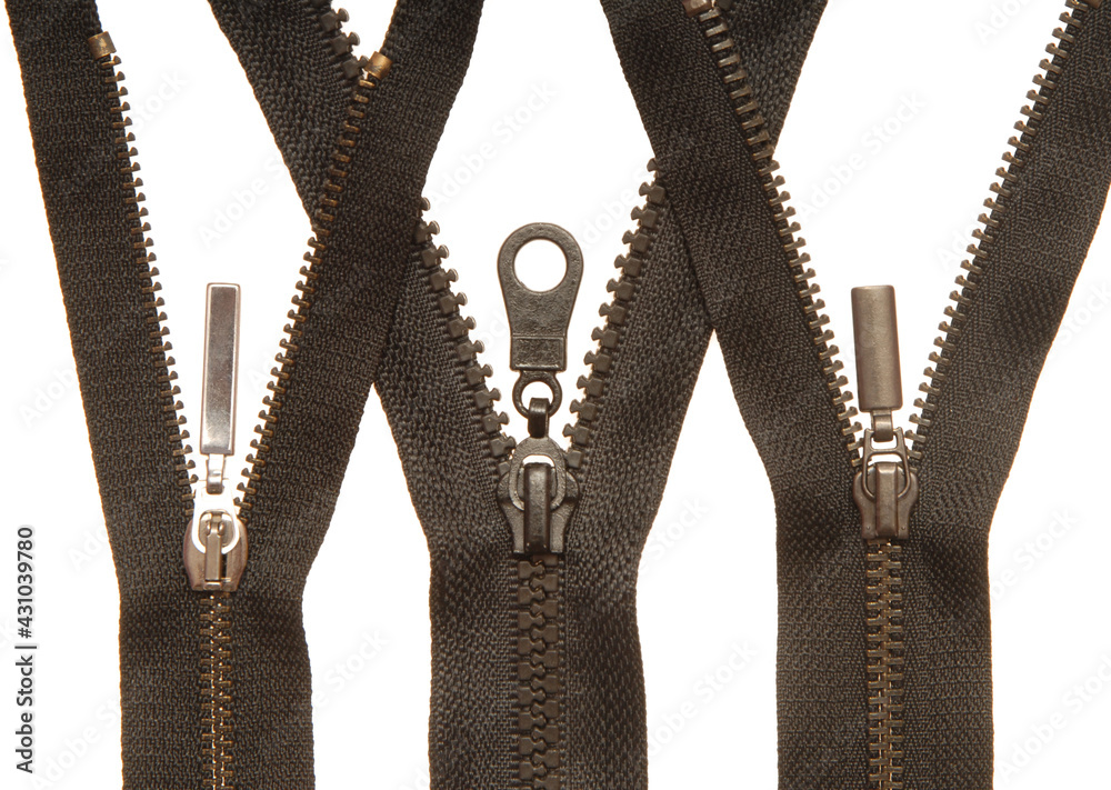 isolated black zipper on white background, close-up of fasteners for clothes, still life of sewing futniture, metal accessories, three zippers isolated black zipper on white background, close-up of fasteners for clothes, still life of sewing futniture, metal accessories, three zippers