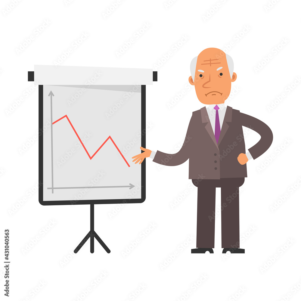 Negative business graph. Old businessman displeased. Vector characters Negative business graph. Old businessman displeased. Vector characters