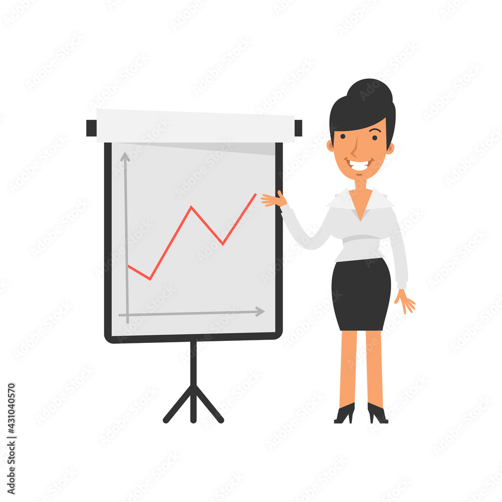 Positive business graph. Businesswoman happy and smiling. Vector characters Positive business graph. Businesswoman happy and smiling. Vector characters