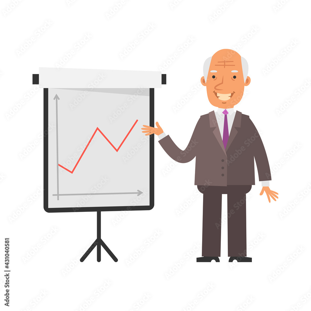Positive business graph. Old businessman happy and smiling. Vector characters Positive business graph. Old businessman happy and smiling. Vector characters