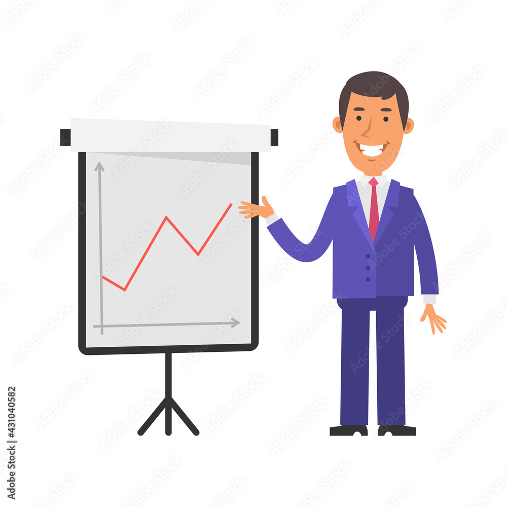 Positive business graph. Young businessman happy and smiling. Vector characters Positive business graph. Young businessman happy and smiling. Vector characters