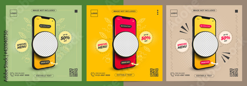 Set of online food promotion with mobile on social media post