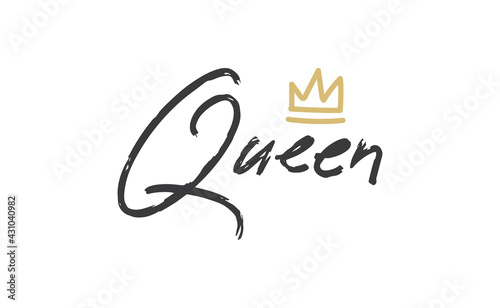 Queen word lettering with gold doodle crown. Vector illustration, calligraphic style text.