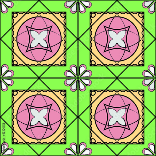 Seamless pattern. Green tile. The pattern consists of black lines and colors.