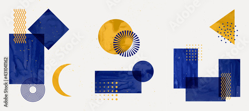 Vector illustration. Abstract contemporary aesthetic backgrounds. Design for poster, postcard, invitation card, flyer, brochure cover. Room wall decor. Blue watercolor paints with golden splash dots