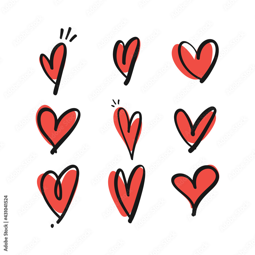 Heart doodles. Hand drawn hearts collection. Love illustration designs.