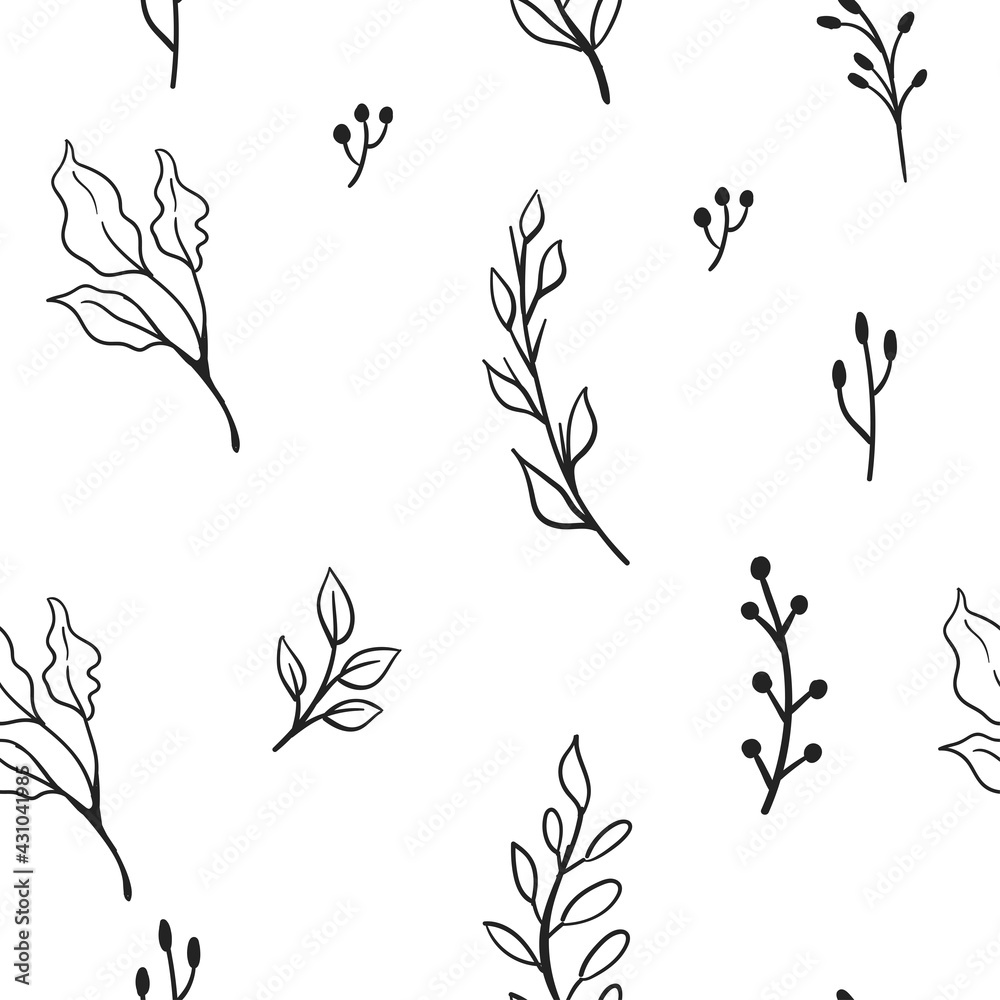 Floral doodle elements seamless texture. Hand drawn decorative leaves and wreaths texture background. Tree branches with leaf illustrations.