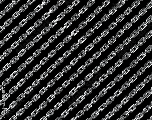 Anchor silver chain on black background. Chains texture Background. Pattern chain in diagonal pattern. Ship chain. 3D illustration.