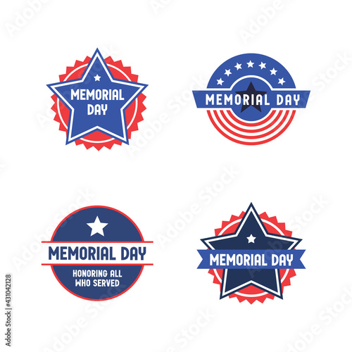 Memorial day badge collection. United States of America patriotic day emblem design. Red white and blue american symbol.