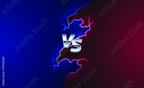 Versus monogram with asymmetric divided background. Lightning strike with flashes. MMA red and blue tournament screen design concept. Eps10 vector