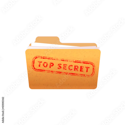 Bright yellow folder with documents and red top secret stamp on white