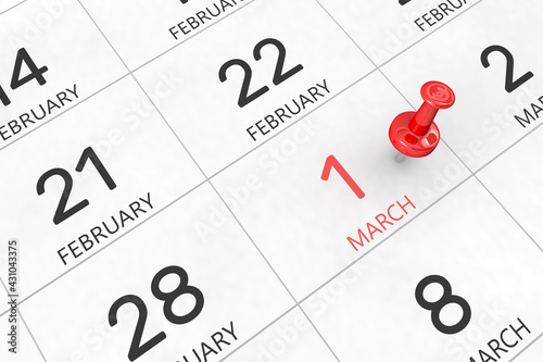3d rendering of important days concept. March 1st. Day 1 of month. Red date written and pinned on a calendar. Spring month, day of the year. Remind you an important event or possibility.