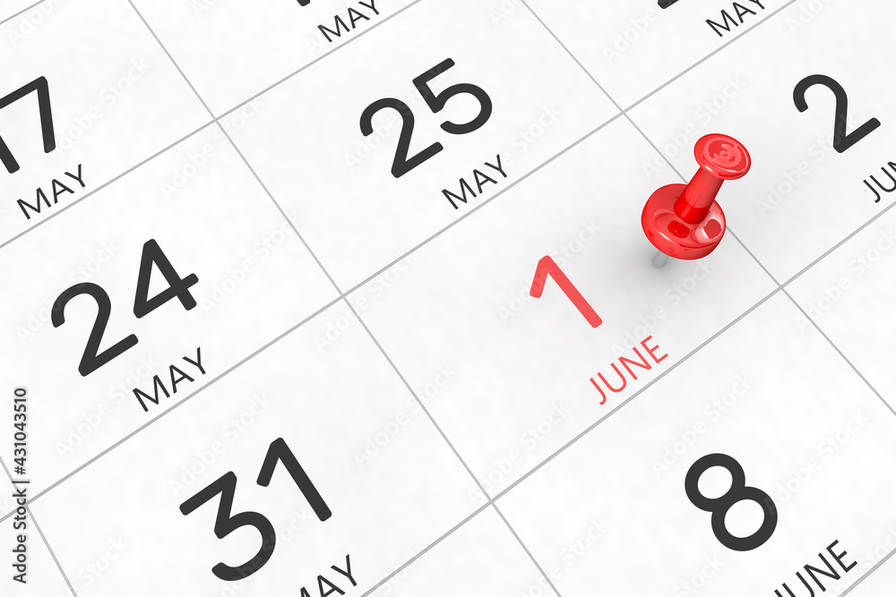 3d rendering of important days concept. June 1st. Day 1 of month. Red date written and pinned on a calendar. Summer month, day of the year. Remind you an important event or possibility. 3d rendering of important days concept. June 1st. Day 1 of month. Red date written and pinned on a calendar. Summer month, day of the year. Remind you an important event or possibility.