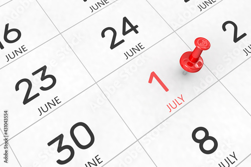 3d rendering of important days concept. July 1st. Day 1 of month. Red date written and pinned on a calendar. Summer month, day of the year. Remind you an important event or possibility.