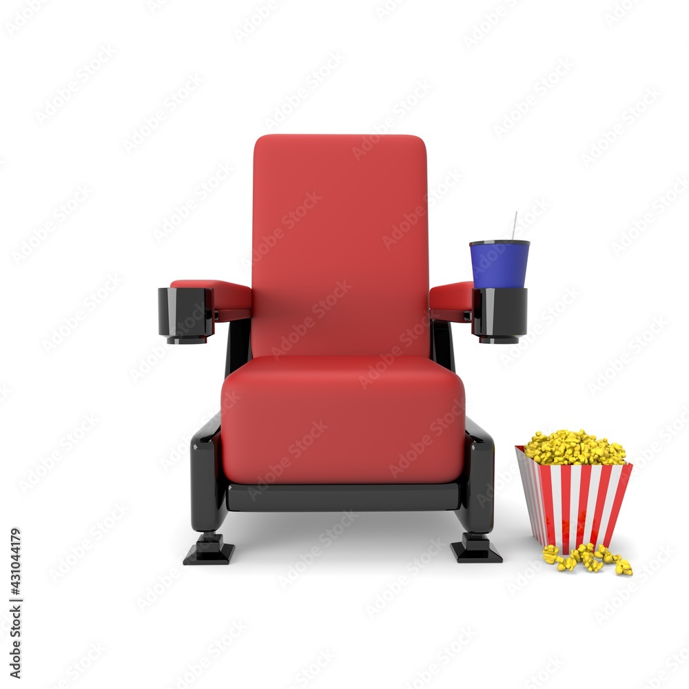 Obraz premium One red cinema chair with fizzy drink and box of popcorn over white background. 3d illustration