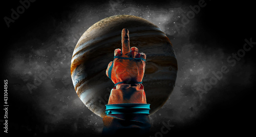 Astronaut shows fuck you on the background of the jupiter
