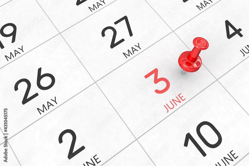 3d rendering of important days concept. June 3rd. Day 3 of month. Red date written and pinned on a calendar. Summer month, day of the year. Remind you an important event or possibility. 3d rendering of important days concept. June 3rd. Day 3 of month. Red date written and pinned on a calendar. Summer month, day of the year. Remind you an important event or possibility.