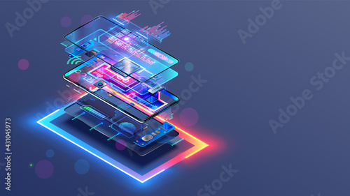 Phone repair service. Disassembled smartphone. Case and electronic parts or components on scheme of abstract mobile phone. CPU, motherboard of smartphone. Non-assembled cellphone. Isometric concept.