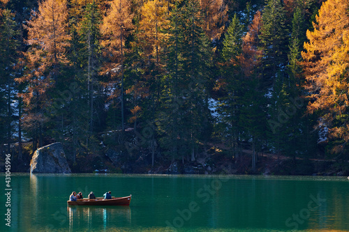 Fototapeta Naklejka Na Ścianę i Meble -  The beautiful Braies lake in late autumn with a little snow, Pearl of the Dolomite lakes is an UNESCO heritage and is located in the Braies Alto Adige,Italy