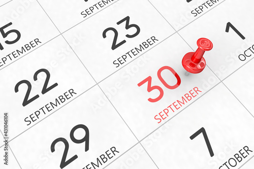 3d rendering of important days concept. September 30th. Day 30 of month. Red date written and pinned on a calendar. Autumn month, day of the year. Remind you an important event or possibility.