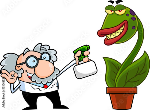 Science Professor Cartoon Character Spraying Evil Carnivorous Plant. Vector Hand Drawn Illustration Isolated On Transparent Background