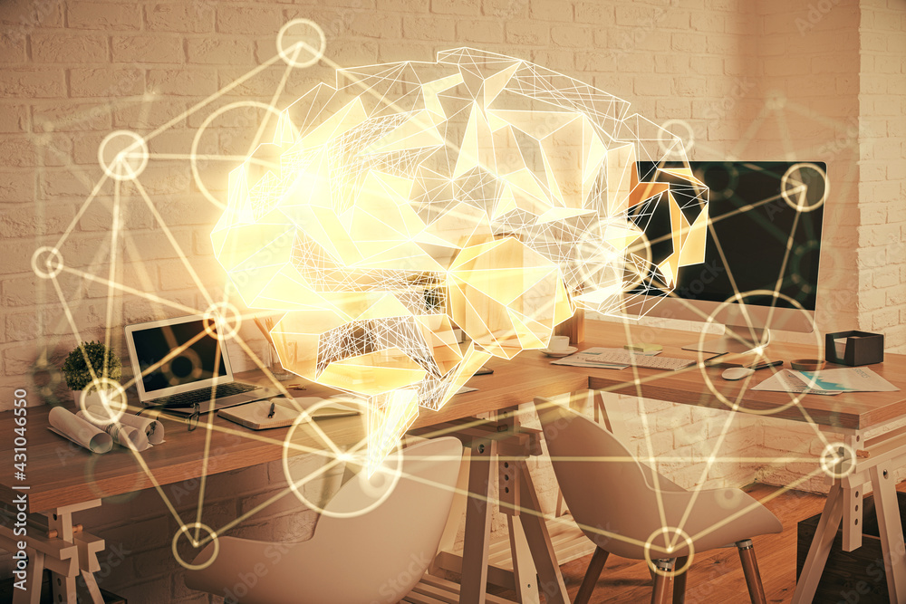 Double exposure of brain drawing and office interior background. Concept of data technology.