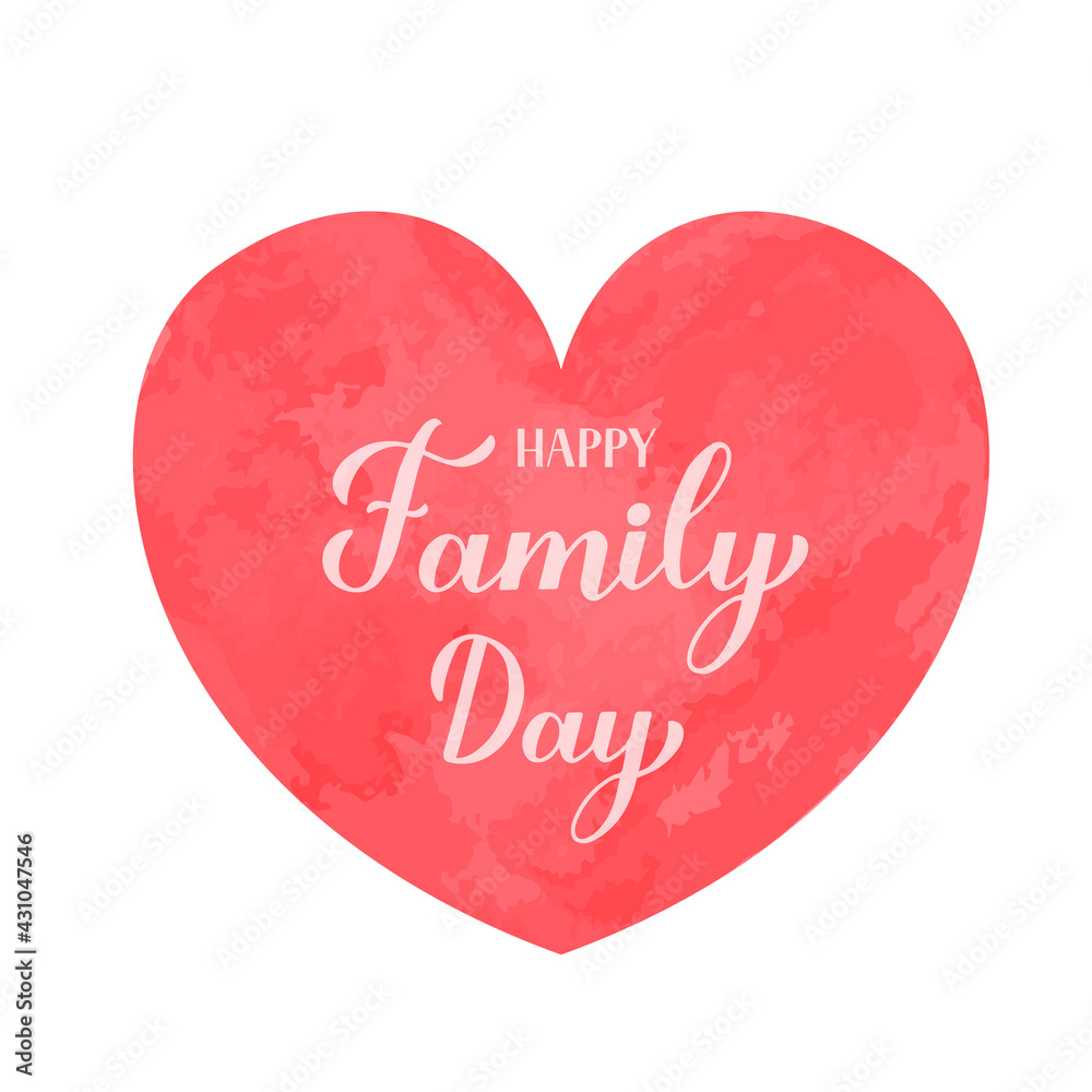 Happy Family Day calligraphy lettering on red watercolor heart. International Day of Families holiday celebrated on May 15. Vector template for typography poster, banner, flyer, greeting card, etc