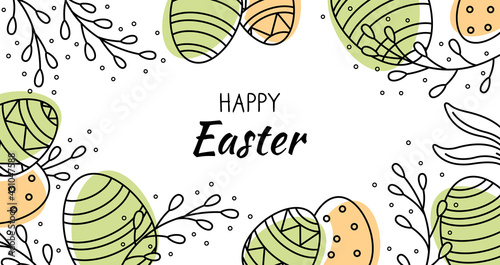 Festive Banner with geometric pattern on Easter Eggs. Decorative horizontal banner with Easter eggs and pussy willow branches on a white background. Vector border with place for text