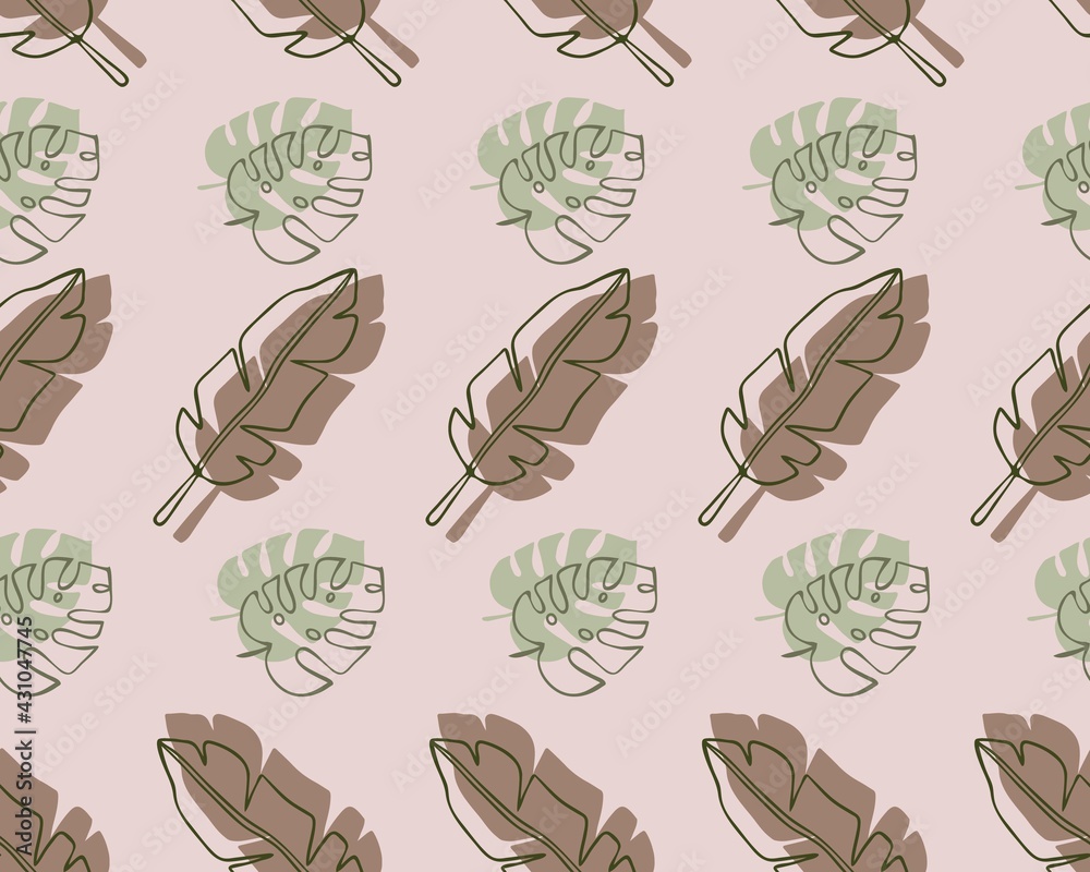 seamless pattern with tropical leaves, summer light background, monstera, exotic plants, earth tones, stylized vector graphics