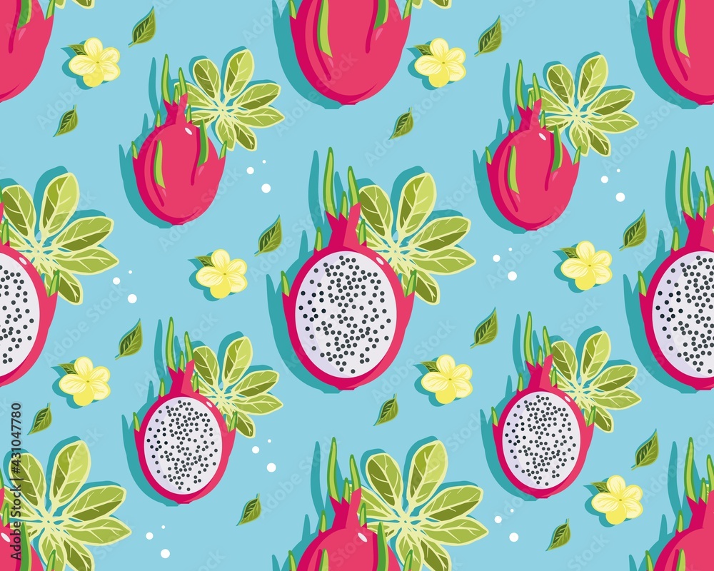 seamless pattern, with halved pitaya, red dragon fruit, exotic plant, bright, summer background, stylized vector graphics