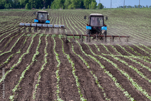 field work in agriculture. farmer's tractor harrows the field after planting seeds. tractor and seeder planting crops on a field.