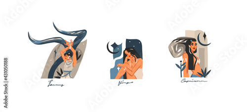 Hand drawn vector stock abstract graphic illustrations with zodiac astrological contemporary earth signs collection set,beauty magic female characters,clipart boho design isolated on white background