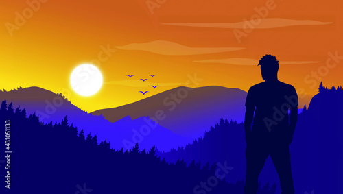 The figure of a young man against the backdrop of a sunny sunset. Melancholy, meditation. Psychological stability. On the top of the mountain.