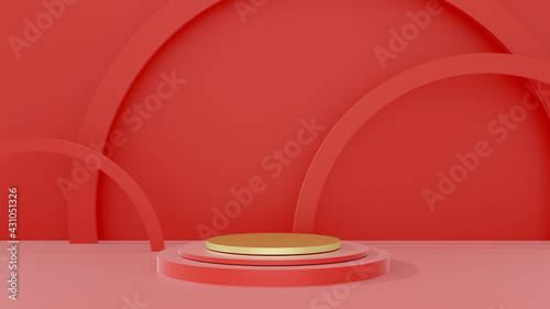 Abstract background for product display presentation, podium is red above gold. podium display minimal, 3d rendering.