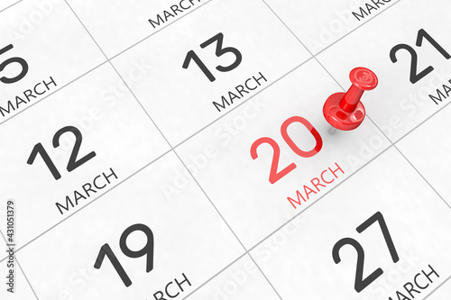3d rendering of important days concept. March 20th. Day 20 of month. Red date written and pinned on a calendar. Spring month, day of the year. Remind you an important event or possibility.