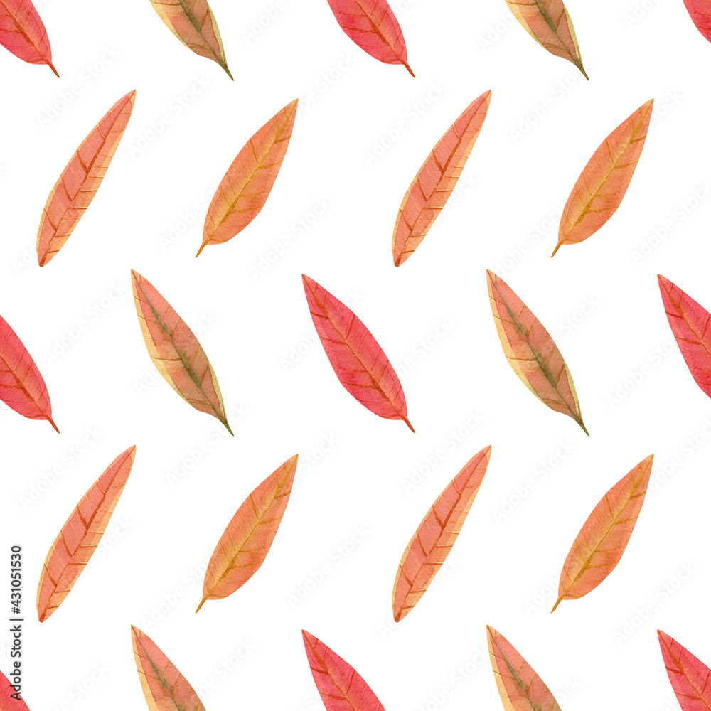 Seamless autumn leaves pattern. Watercolor texture with yellow, orange, brown and green fall leaves of birch