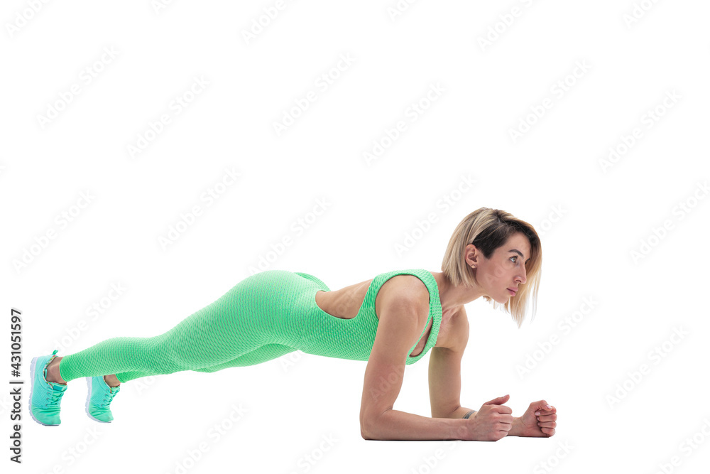 Fit slim woman doing yoga exercise called Plank Pose, sanskrit n Fit slim woman doing yoga exercise called Plank Pose, sanskrit n