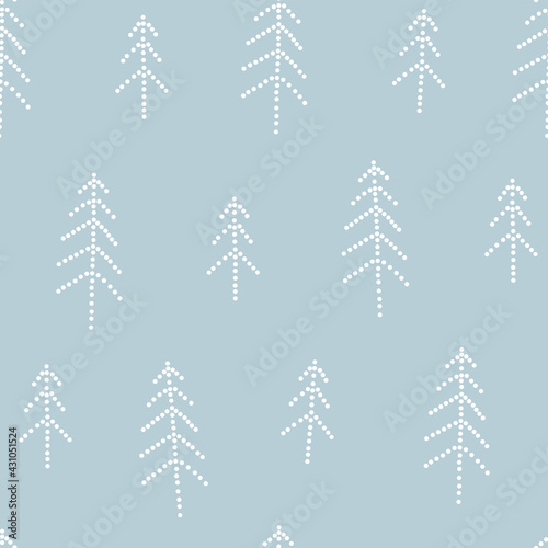 Dotted line minimalistic Christmas pine tree winter forest vector seamless pattern. Abstract Xmas modern dotty pine tree background. Christmasy holidays neutral blue geometric graphic print design
