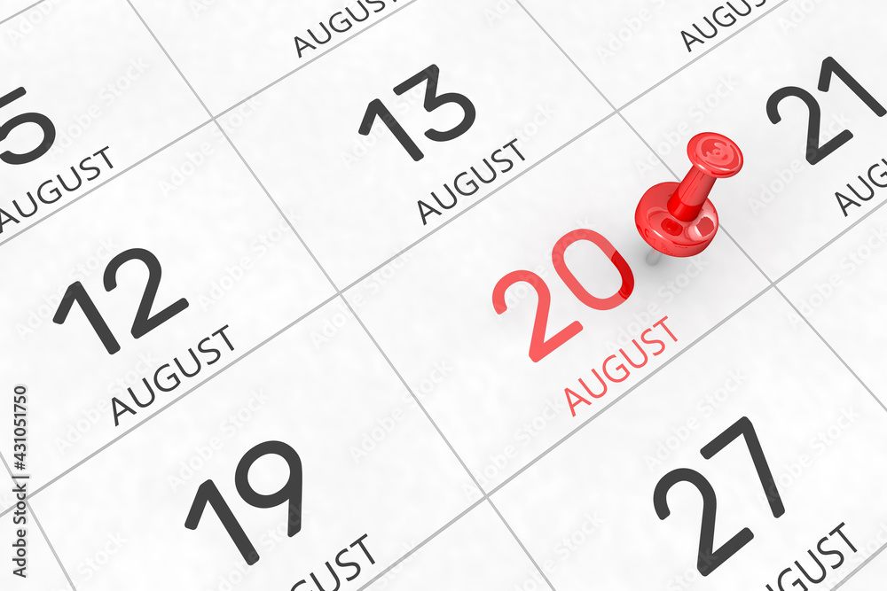 3d rendering of important days concept. August 20th. Day 20 of month. Red date written and pinned on a calendar. Summer month, day of the year. Remind you an important event or possibility. 3d rendering of important days concept. August 20th. Day 20 of month. Red date written and pinned on a calendar. Summer month, day of the year. Remind you an important event or possibility.