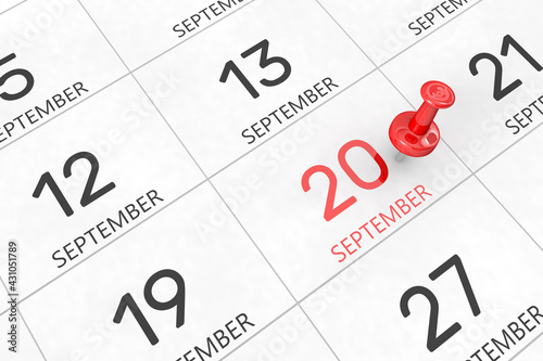 3d rendering of important days concept. September 20th. Day 20 of month. Red date written and pinned on a calendar. Autumn month, day of the year. Remind you an important event or possibility.
